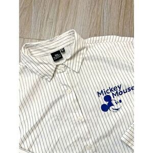 VTG‎ Disney Mens Small Hello Mickey Mouse White Black Striped Collared L/S Shirt